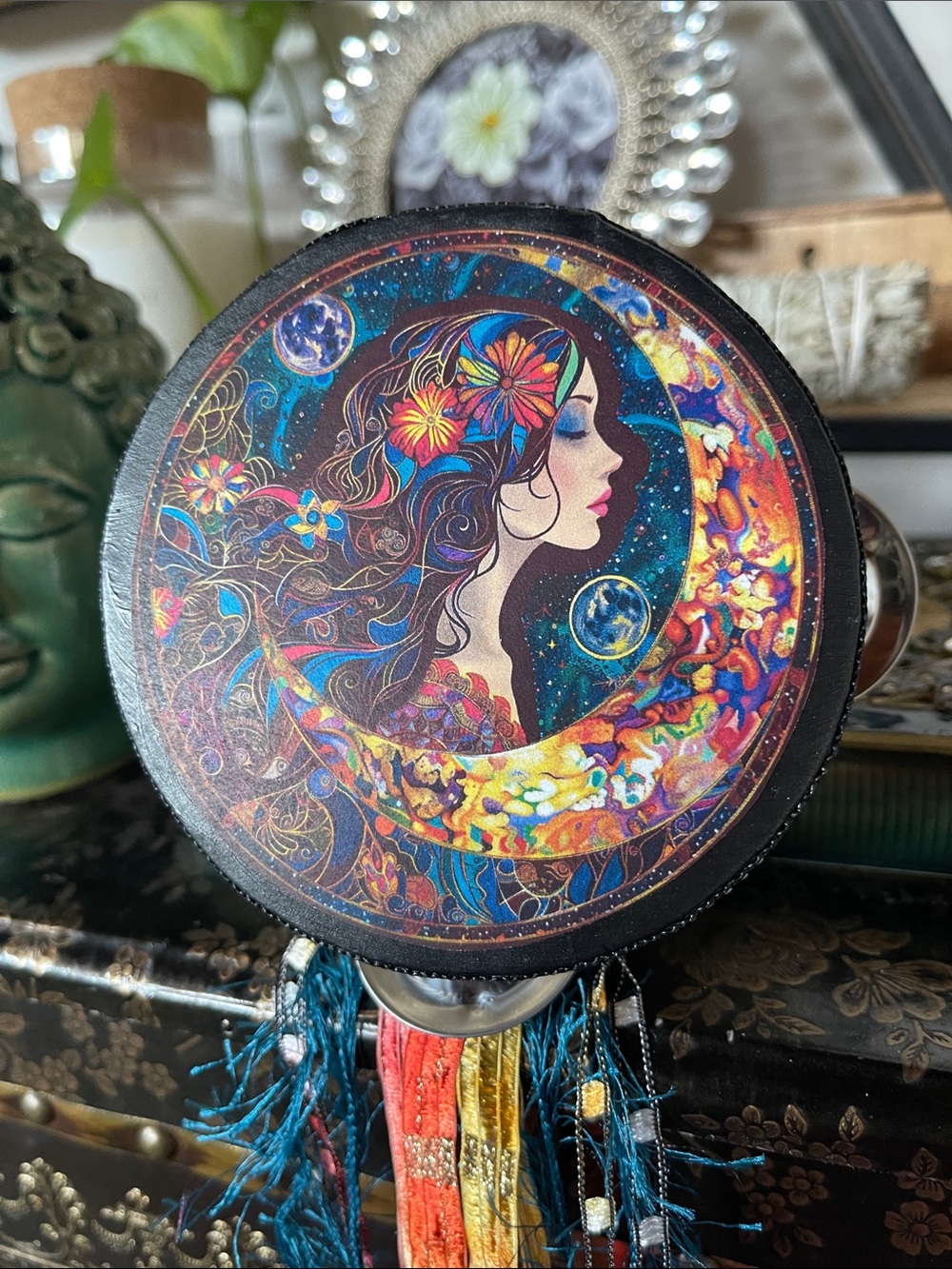 Oops Celestial Floral Woman Decorative Round Wall Hanging - Tambourine